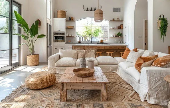 Design, style, Villa, interior, kitchen, living room, dining room, boho style