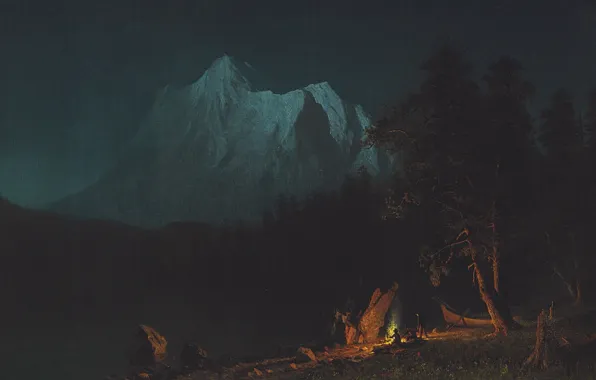 Landscape, mountains, night, picture, Albert Bierstadt, Mountain Landscape in the Moonlight