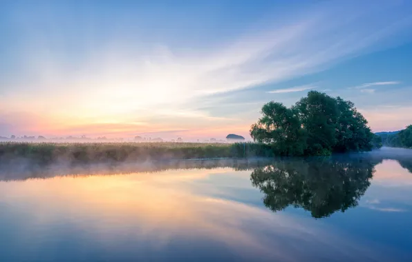 Summer, fog, England, morning, the river Avon, Worcestershire