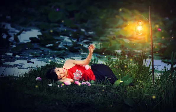 Picture summer, girl, flowers, lamp, Asian