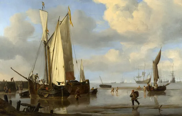 Picture Painting, Dutch ships near the shore, Willem van de, the Younger, Bathing, Velde