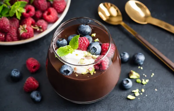 Berries, raspberry, table, glass, blueberries, mint, cream, dessert