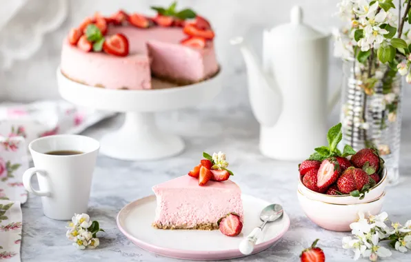 Berries, tea, strawberry, Cup, cake, Cheesecake, Karina Klachuk