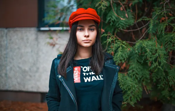 Girl, red, portrait, makeup, brunette, jacket, t-shirt, hairstyle