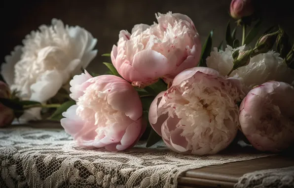 Flowers, bouquet, pink, peonies, lush, Terry, AI art, neural network