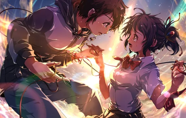 The sky, lights, meeting, flash, tears, red thread, students, Kimi no VA On