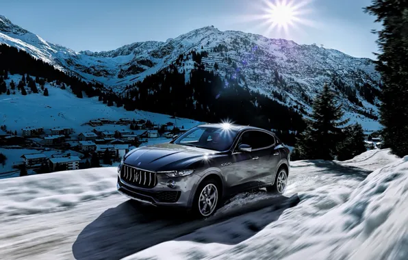 Picture winter, the sun, snow, mountains, Maserati, levante