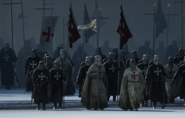Sword, army, flag, Knights, shield, banners, digital art, Crusader
