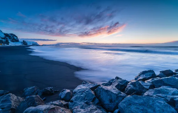 Sea, wave, beach, the sky, clouds, blue, stones, shore