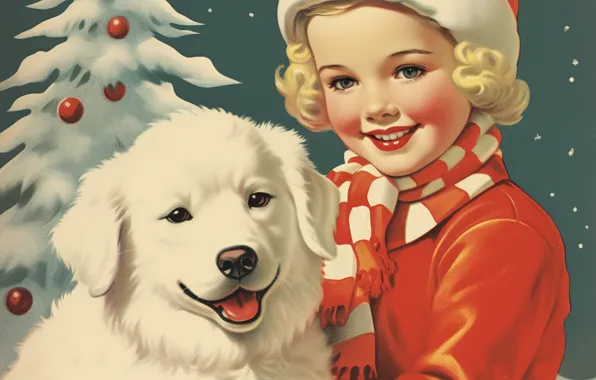 Retro, portrait, dog, Christmas, girl, New year, herringbone, vintage