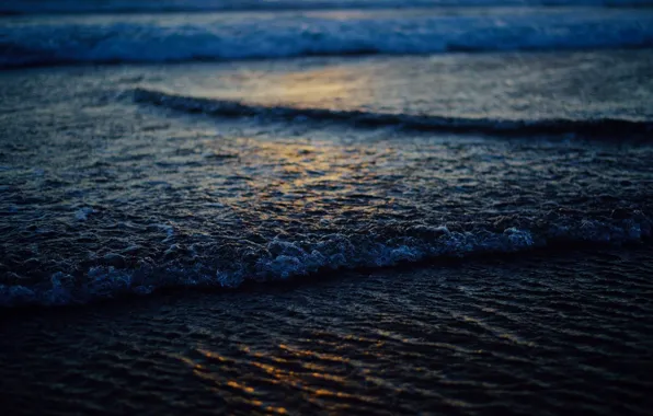 Picture sand, foam, water, macro, glare, shore, wave, twilight