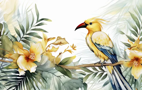 Leaves, flowers, tropics, bird, branch, yellow, garden, watercolor