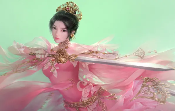 Girl, weapons, sword, fantasy, art, in pink