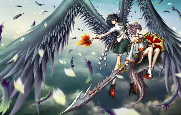 The sky, weapons, girls, wings, sword, anime, art, touhou