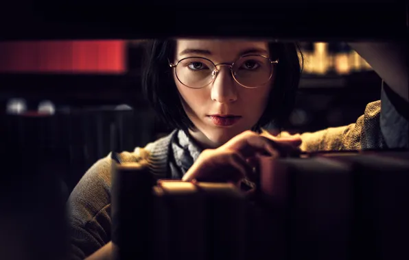Picture look, girl, books, glasses, the librarian