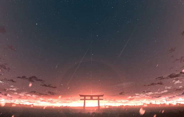 The sky, sunset, torii, shooting stars, by Rune Xiao