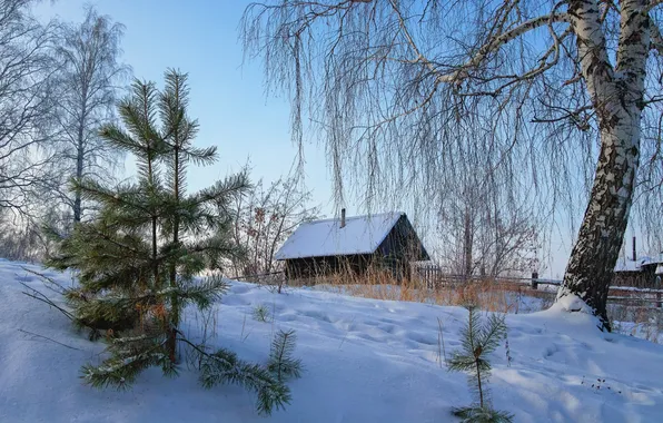 Winter, snow, house, village, hill