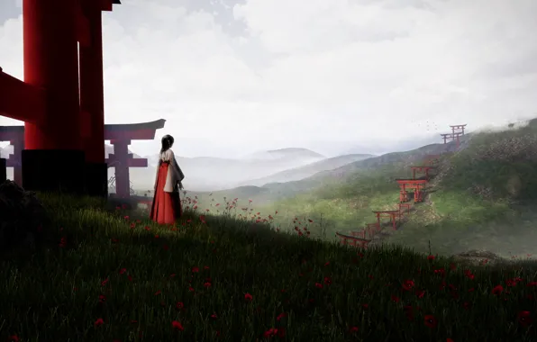 Girl, flowers, hill, torii