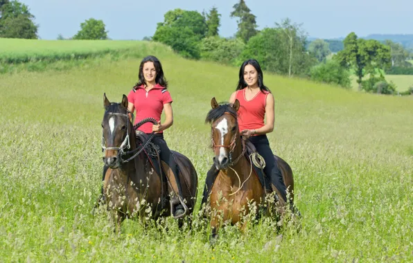 Greens, field, grass, the sun, trees, girls, two, horse