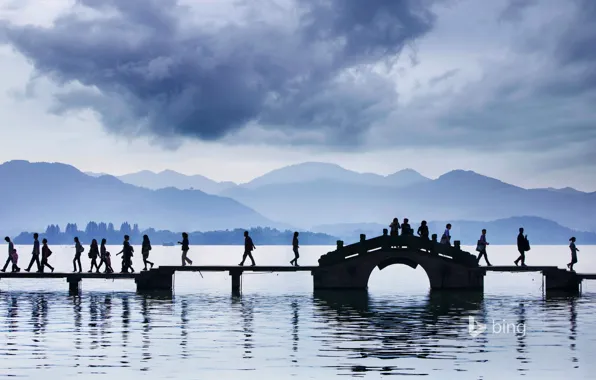 Bridge, lake, people, China, Hangzhou, west lake