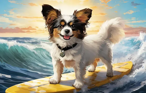 Sea, wave, look, pose, portrait, dog, face, Papillon