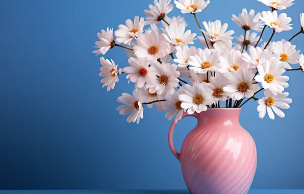 Flowers, chamomile, bouquet, vase, pitcher, white, blue background, AI art