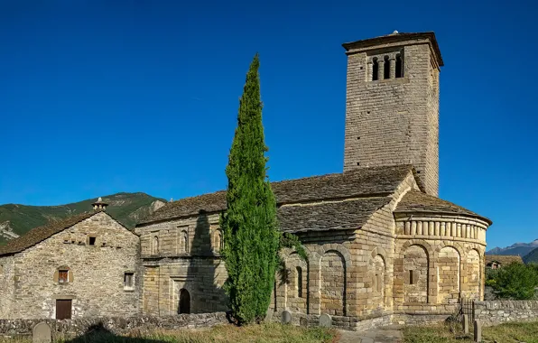 Picture the sky, the sun, trees, landscape, mountains, Church, temple, Spain