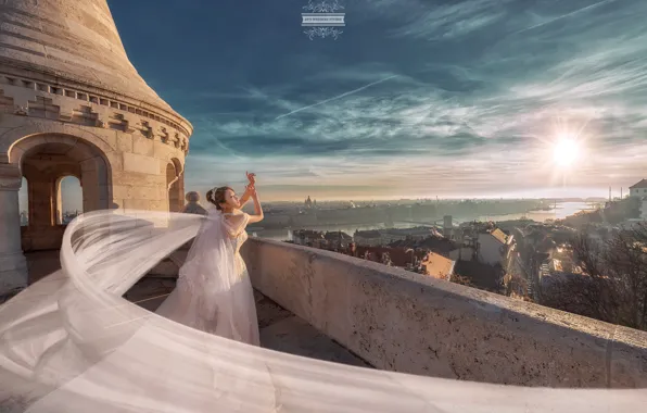 The sky, girl, the sun, the city, pose, train, dress, wedding