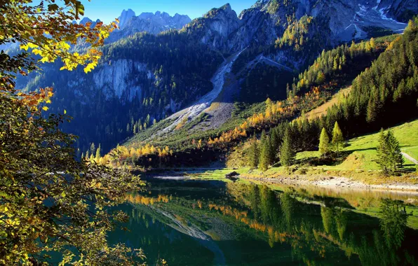 Picture autumn, forest, the sun, trees, mountains, lake, rocks, Austria
