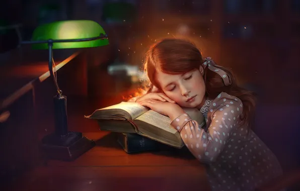 Picture books, lamp, sleep, girl, sleeping, Lyubov Pyatovskaya