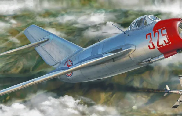 Picture war, art, airplane, painting, aviation, jet, Mikoyan-Gurevich MiG-15