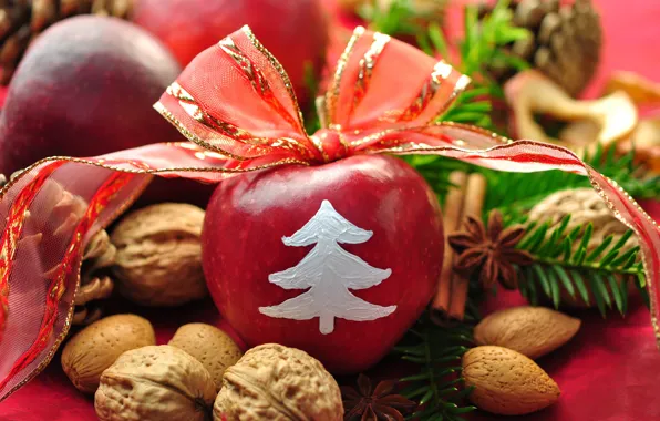 Table, holiday, apples, new year, tape, christmas, nuts, cinnamon