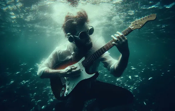 Guitar, male, under water, glasses