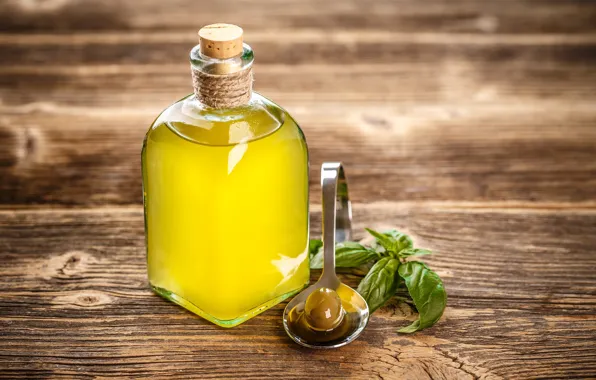 Glass, Board, spoon, olives, bottle, olive oil, Basil