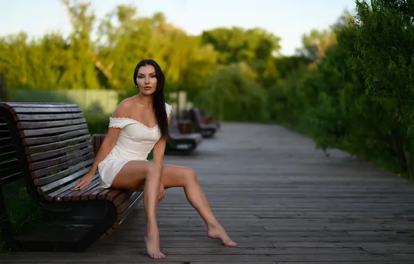 Picture girl, bench, pose, Board, brunette, neckline, legs, long hair