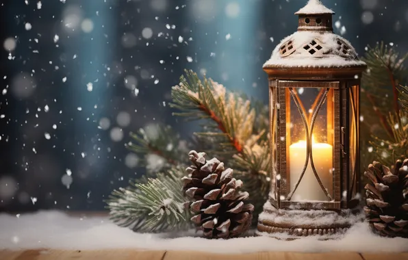 Winter, snow, night, Christmas, lantern, New year, Christmas, night