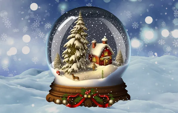 Picture winter, snow, decoration, background, tree, ball, New Year, Christmas