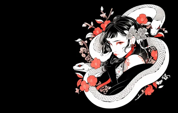 Snakes, leaves, girl, flowers, snake, texture, brunette, snakes