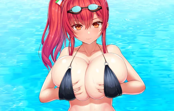 Girl, sexy, wet, cleavage, red hair, long hair, boobs, anime