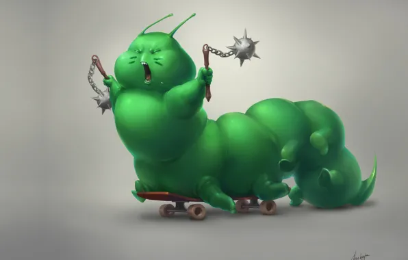 Picture baby, art, skateboard, Anna Anikeyka, Caterpillar-warrior, fantasy