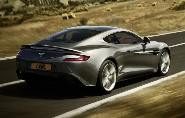 Picture road, grey, background, Aston Martin, speed, supercar, rear view, Aston Martin