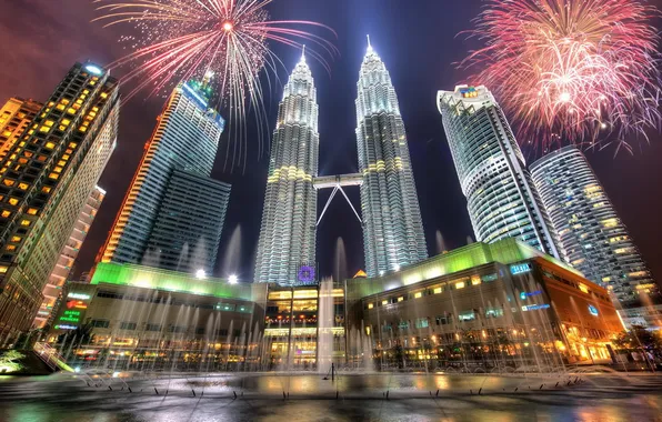 Night, skyscrapers, fountain, fireworks, Malaysia, Kuala Lumpur, Petronas Twin Towers