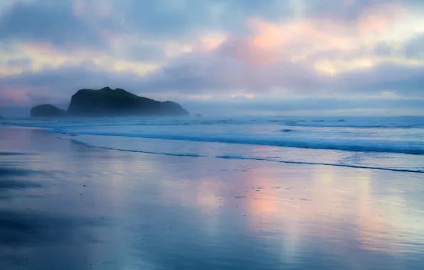 Sea, beach, the sky, clouds, sunset, fog, rocks, coast
