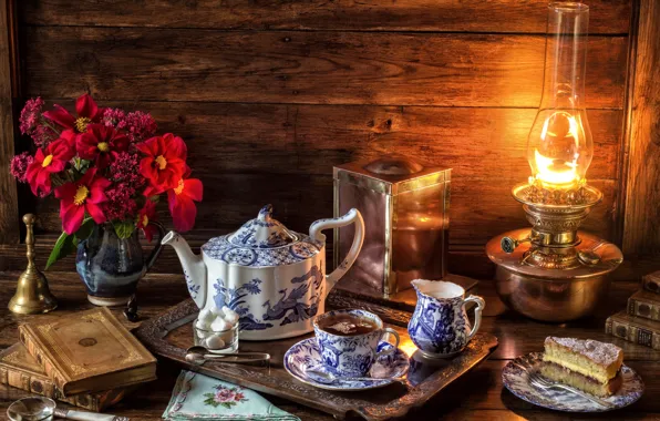 Tea, lamp, bouquet, Cup, cake, sugar, book, still life