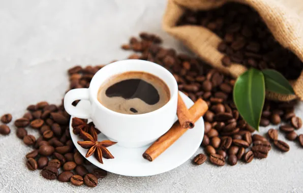 Coffee, Cup, cinnamon, coffee beans, Anis, star