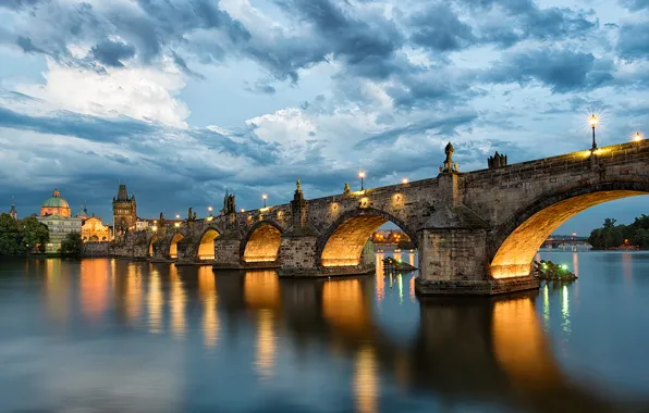 Picture bridge, lights, reflection, river, Prague, Czech Republic