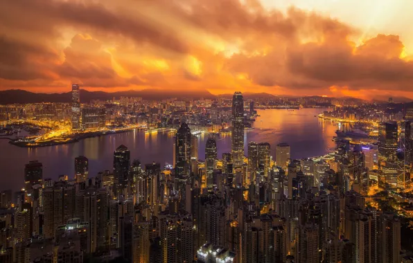 Night, the city, building, road, Hong Kong, China