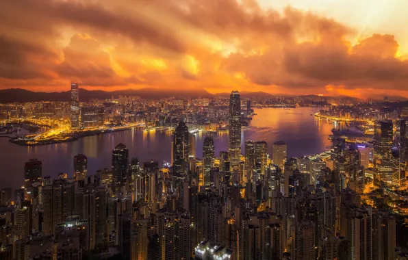 Picture night, the city, building, road, Hong Kong, China