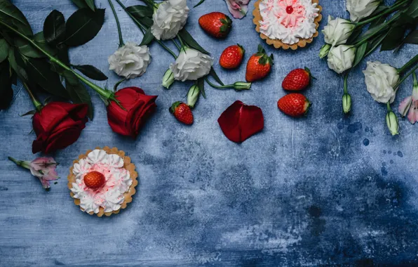 Flowers, the sweetness, roses, cakes, eustoma, Klubnika, cake