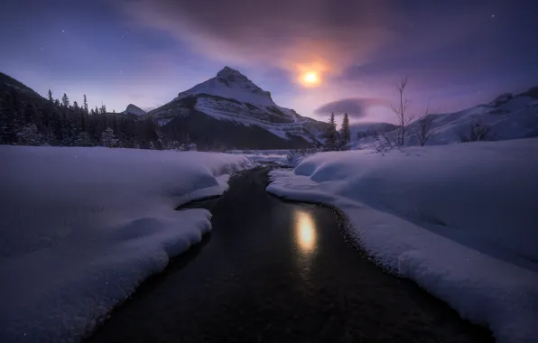The sky, snow, mountains, nature, stream, beauty, the evening